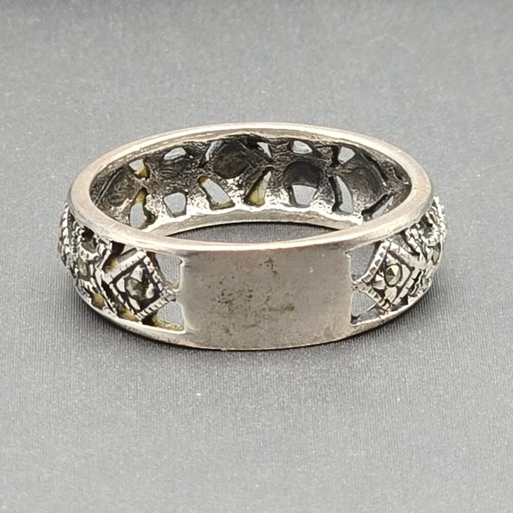 VTG Sterling Silver & Marcasite Lace Filigree 6.3mm Band Ring Size 7.5 Signed - Picture 3 of 7